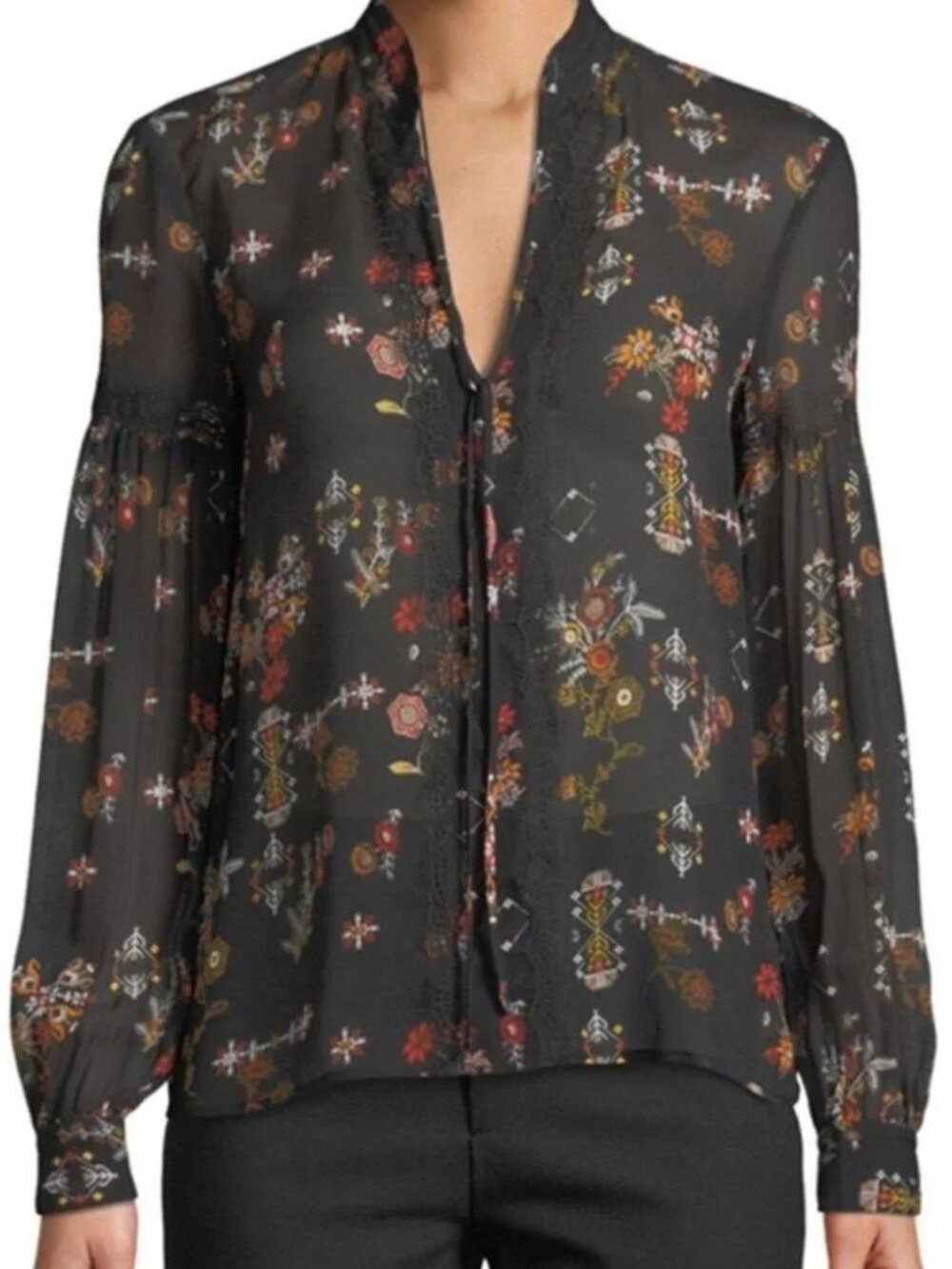 $325 Derek Lam 10 Crosby Black 100% Silk Lace Trimmed Floral Blouse Size 10